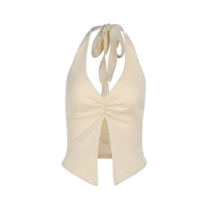 Slit halter self tie v neck solid ruched top