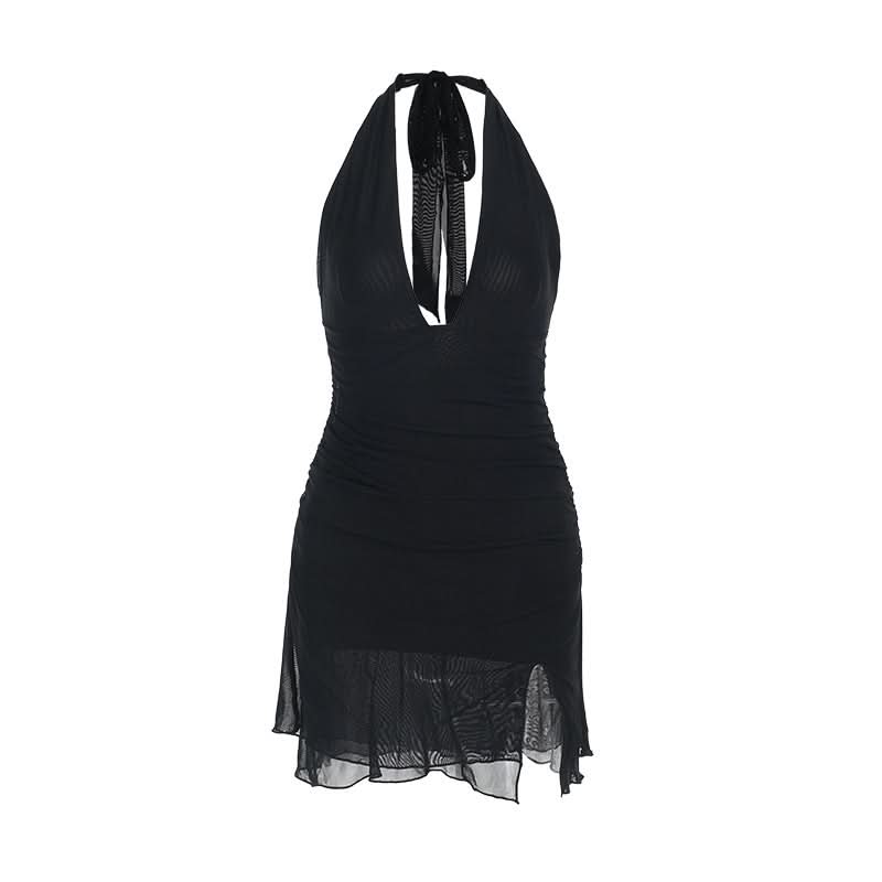Halter self tie deep v neck slit ruched mini dress