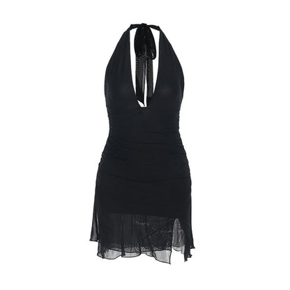 Halter self tie deep v neck slit ruched mini dress