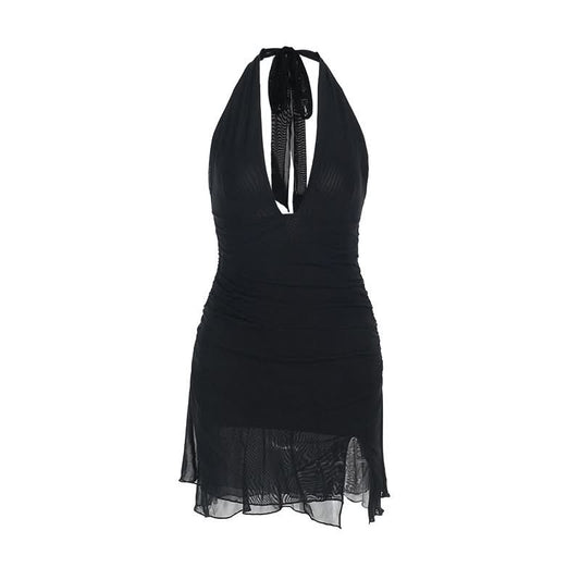 Halter self tie deep v neck slit ruched mini dress