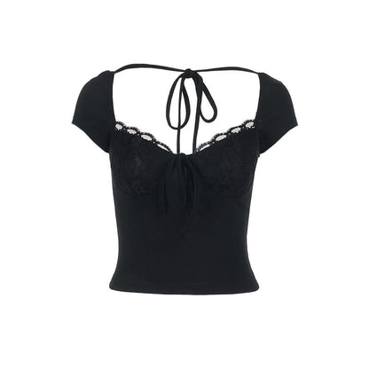 Lace hem v neck self tie short sleeve top