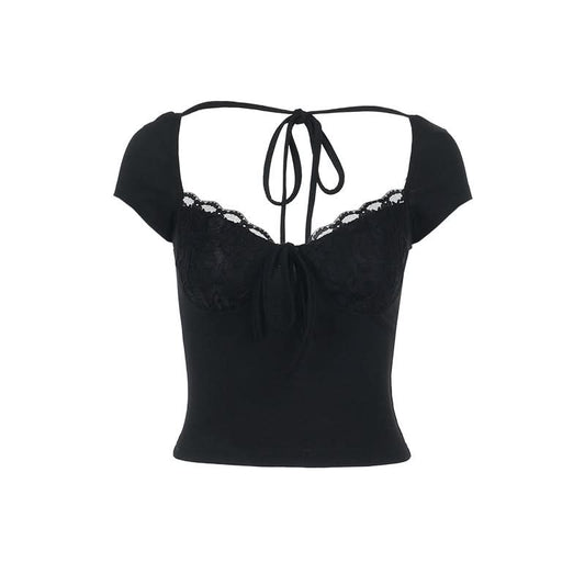 Lace hem v neck self tie short sleeve top