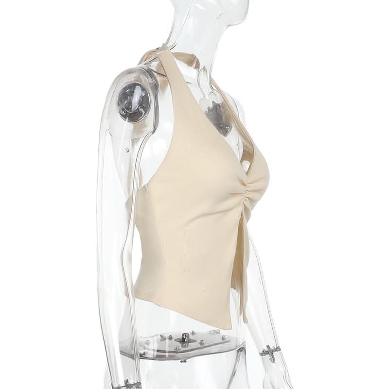 Slit halter self tie v neck solid ruched top