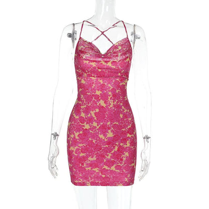 Cross back self tie cowl neck print mini dress