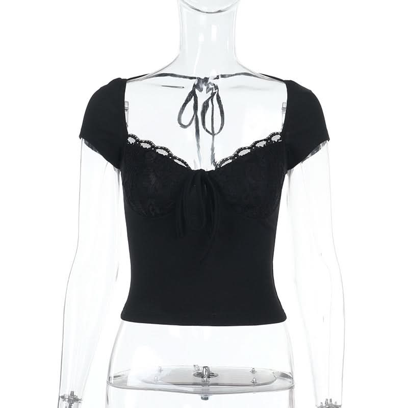 Lace hem v neck self tie short sleeve top