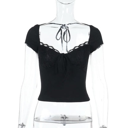 Lace hem v neck self tie short sleeve top