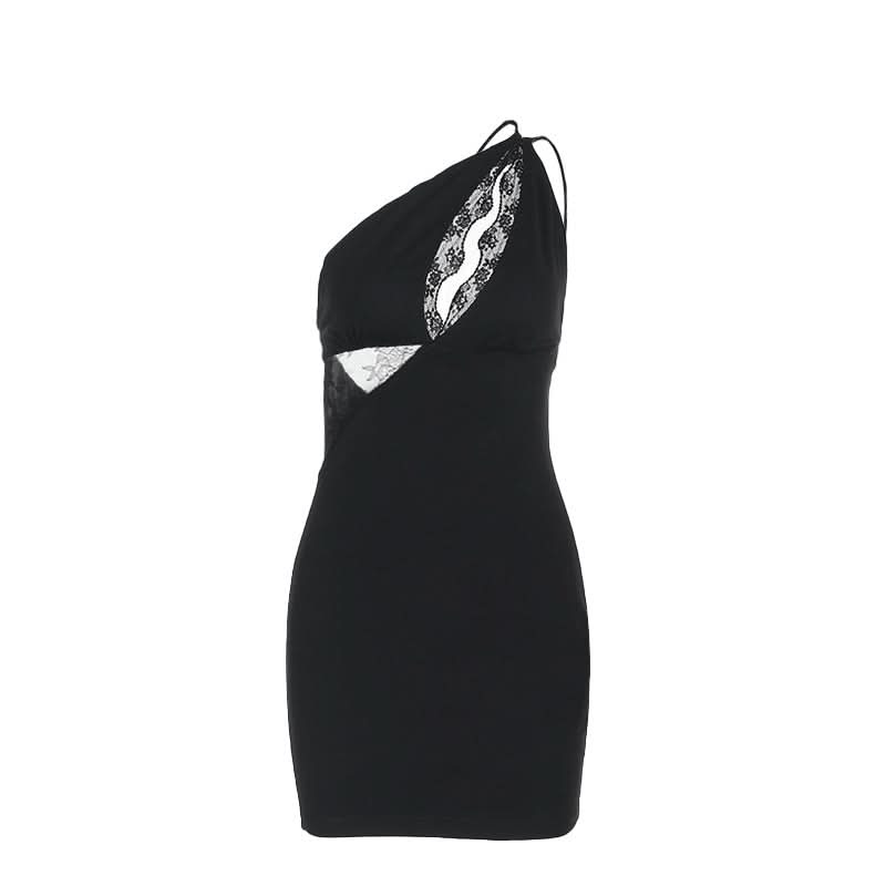 One shoulder lace hollow out irregular mini dress