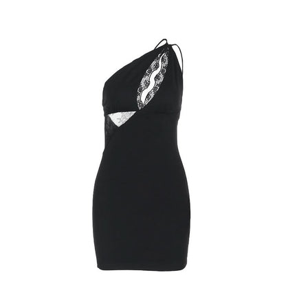 One shoulder lace hollow out irregular mini dress