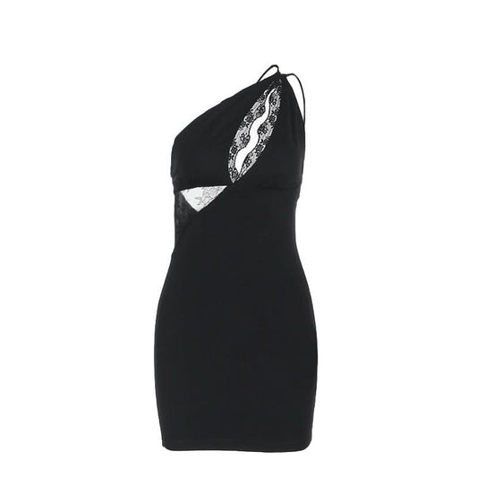 One shoulder lace hollow out irregular mini dress