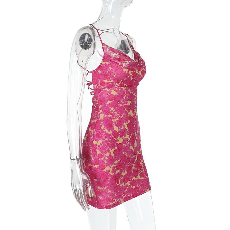 Cross back self tie cowl neck print mini dress