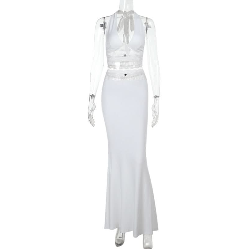 Halter self tie lace hem bowknot maxi skirt set