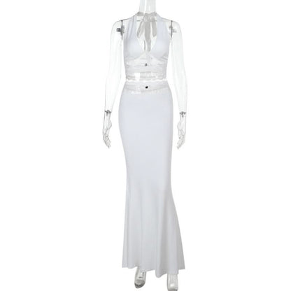 Halter self tie lace hem bowknot maxi skirt set