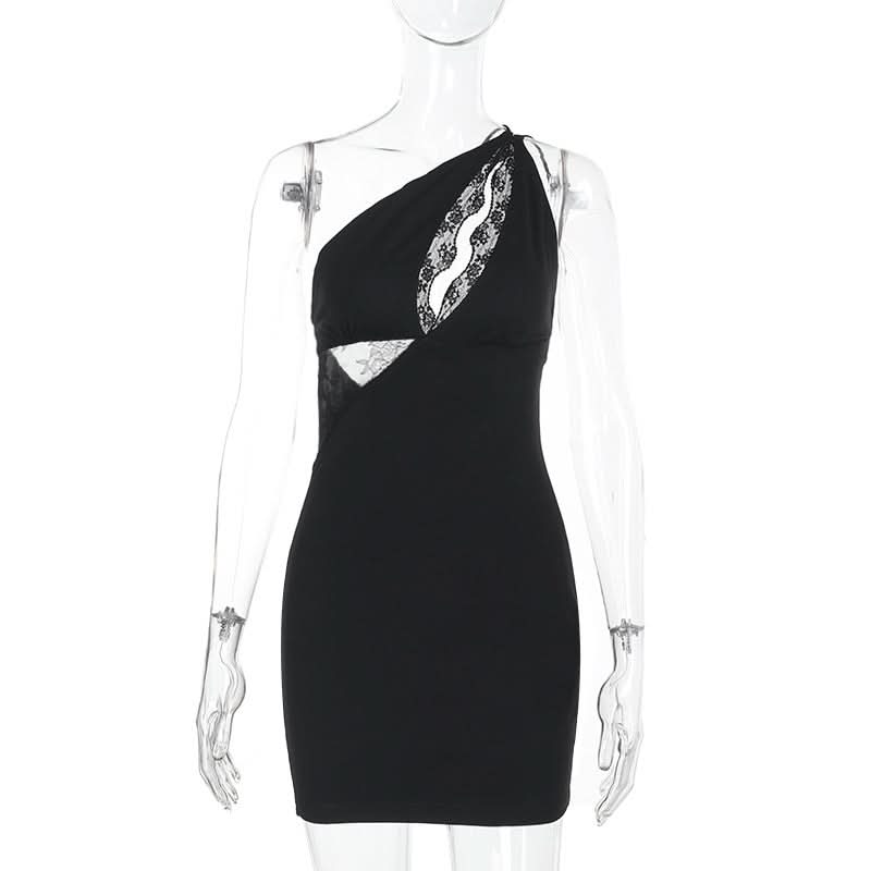 One shoulder lace hollow out irregular mini dress
