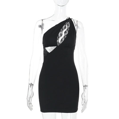 One shoulder lace hollow out irregular mini dress