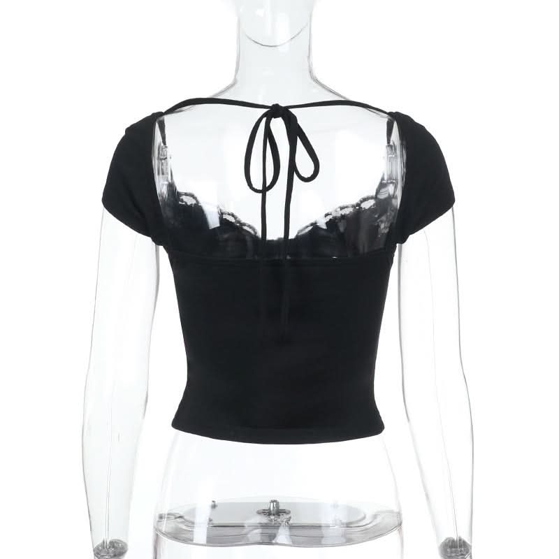 Lace hem v neck self tie short sleeve top