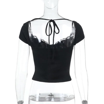 Lace hem v neck self tie short sleeve top