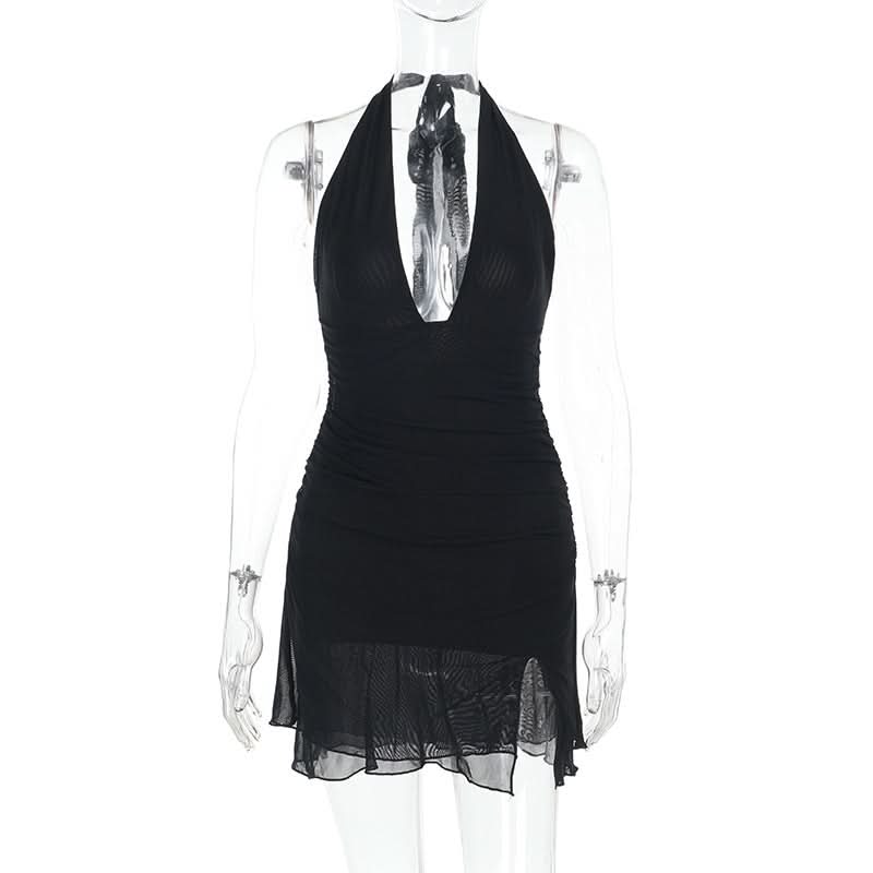 Halter self tie deep v neck slit ruched mini dress