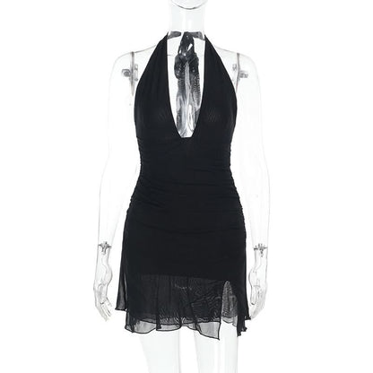 Halter self tie deep v neck slit ruched mini dress