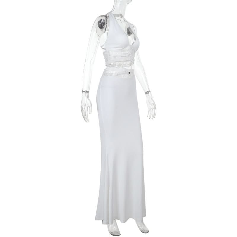 Halter self tie lace hem bowknot maxi skirt set