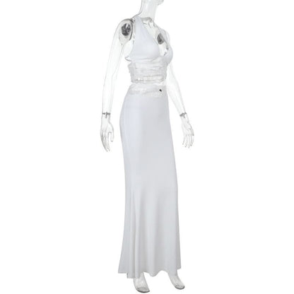 Halter self tie lace hem bowknot maxi skirt set