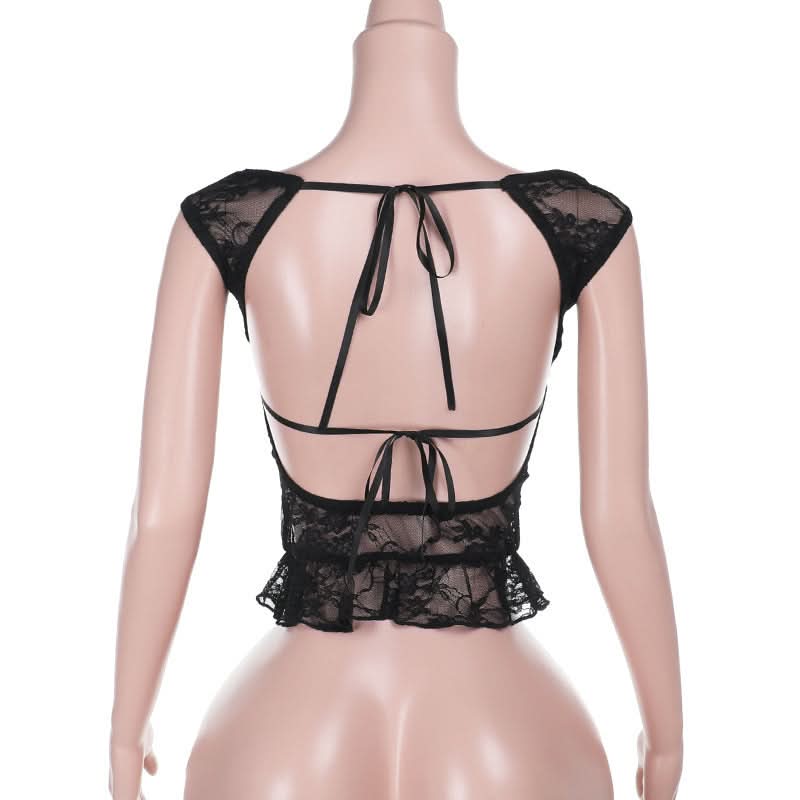 Lace self tie bowknot v neck see through top