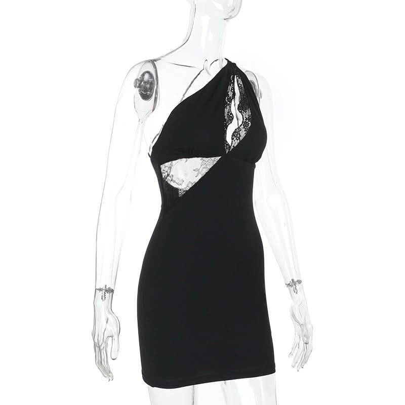 One shoulder lace hollow out irregular mini dress