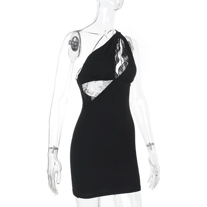 One shoulder lace hollow out irregular mini dress