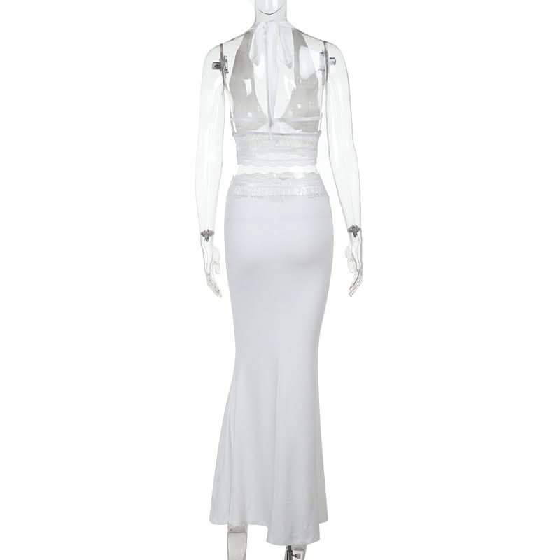 Halter self tie lace hem bowknot maxi skirt set