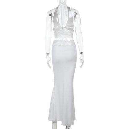 Halter self tie lace hem bowknot maxi skirt set