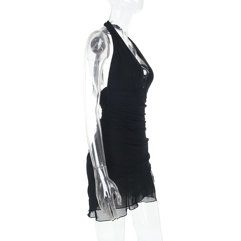 Halter self tie deep v neck slit ruched mini dress