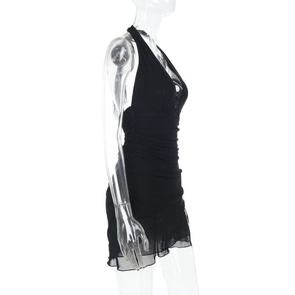 Halter self tie deep v neck slit ruched mini dress