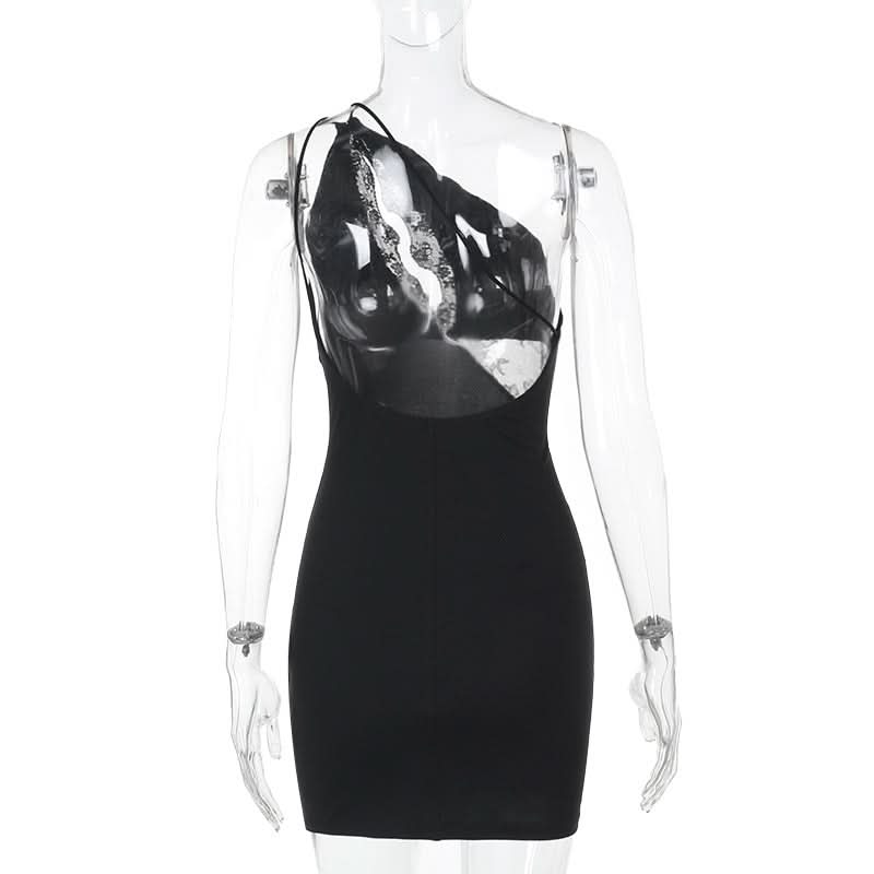 One shoulder lace hollow out irregular mini dress