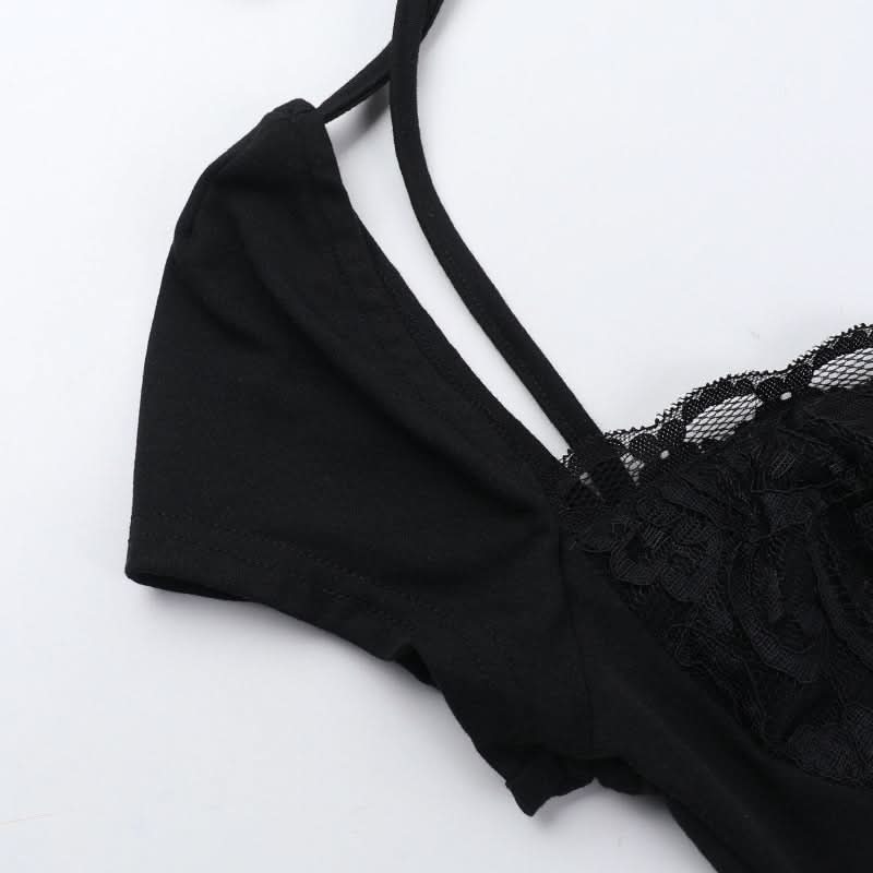 Lace hem v neck self tie short sleeve top