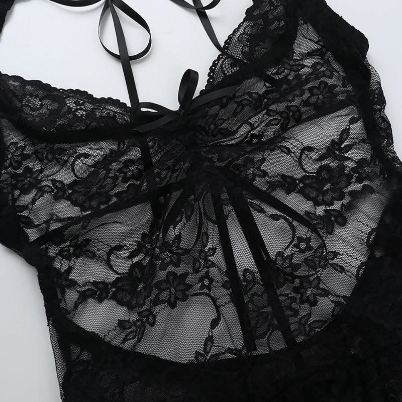 Lace self tie bowknot v neck see through top