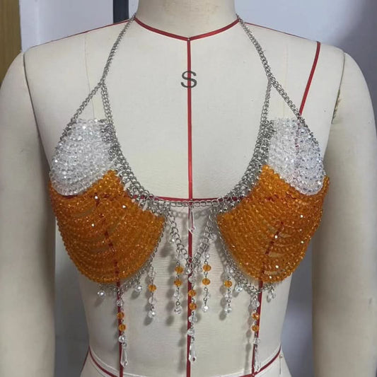 Halter u neck metal chain beaded top