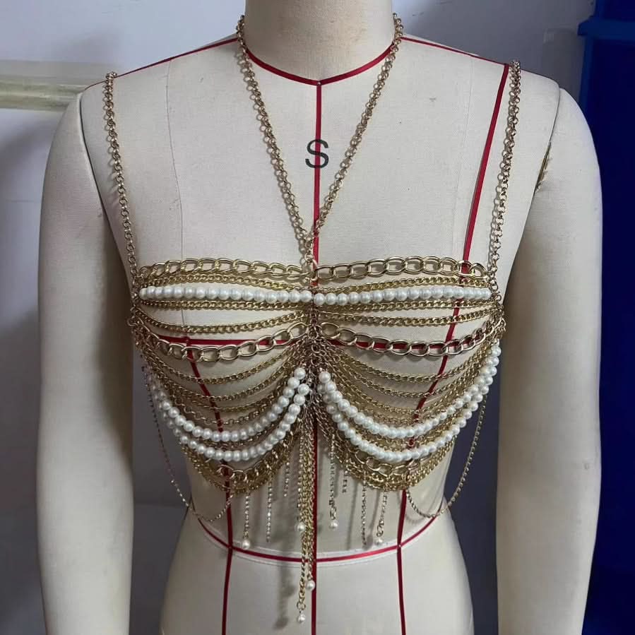 Metal chain beaded halter cami top