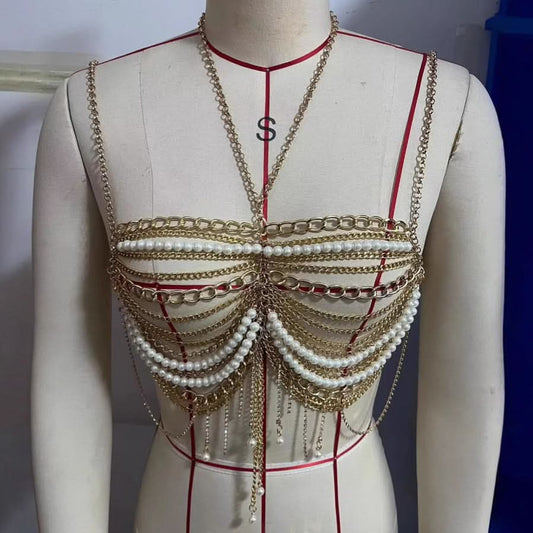 Metal chain beaded halter cami top