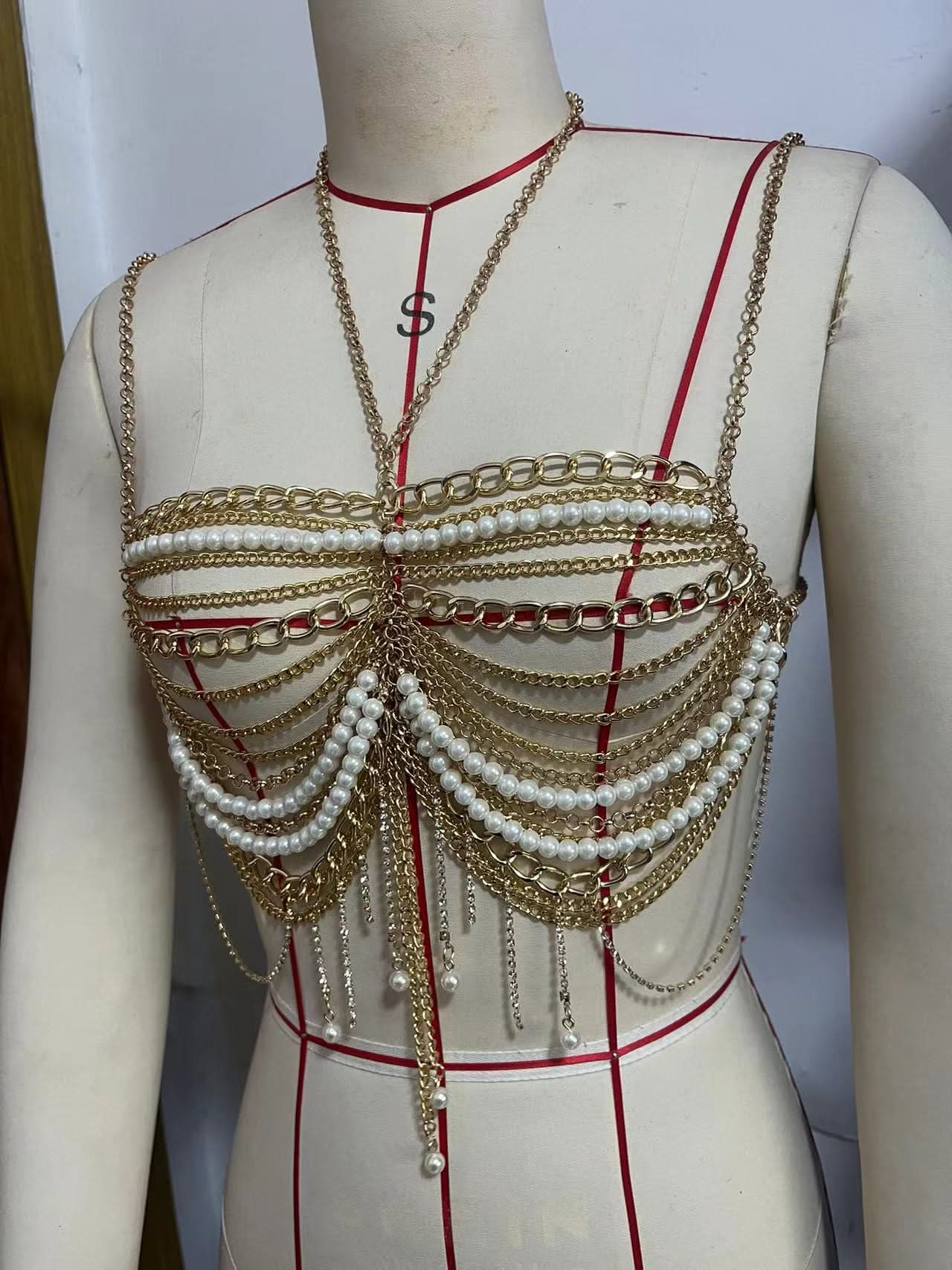 Metal chain beaded halter cami top