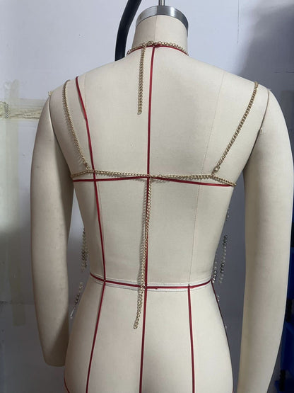 Halter metal chain beaded backless top