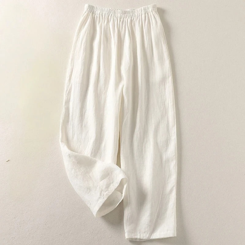 Women's Red Loose-Fit Linen Trousers with Elastic Waistband – Comfortable Summer Pants