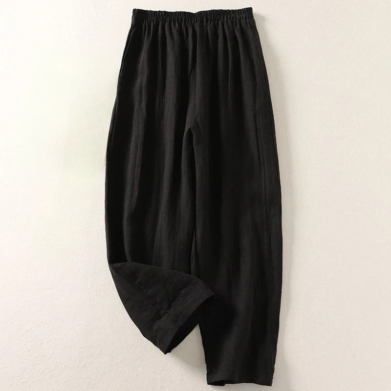 Women's Red Loose-Fit Linen Trousers with Elastic Waistband – Comfortable Summer Pants
