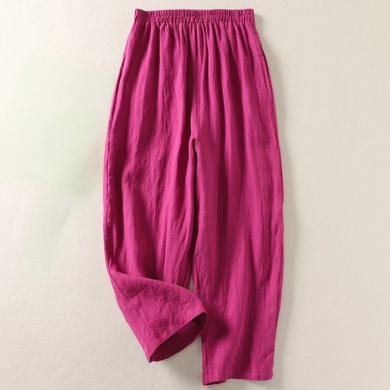 Women's Red Loose-Fit Linen Trousers with Elastic Waistband – Comfortable Summer Pants