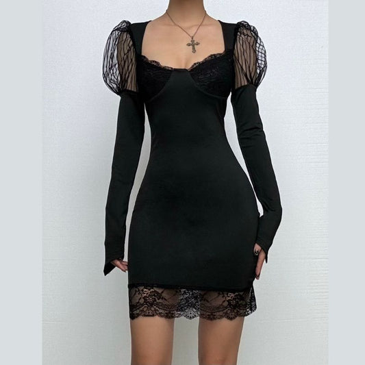 Long sleeve lace hem u neck solid mini dress
