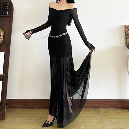 Long sleeve off shoulder mesh ruffle maxi dress