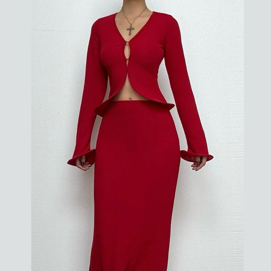 Long flared sleeve v neck button solid midi skirt set