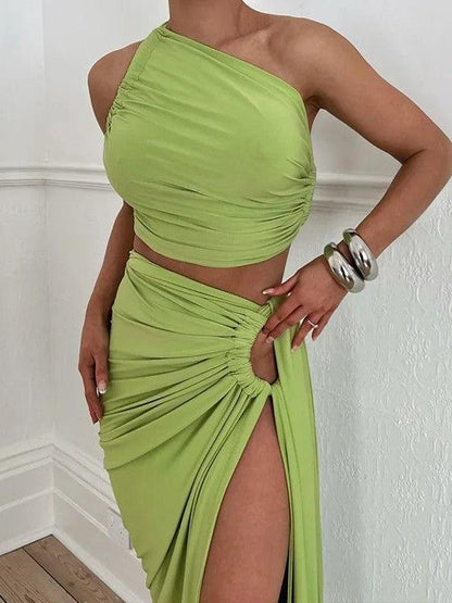 One Shoulder Backless Crop Top & High Slit Skirt Coord Set