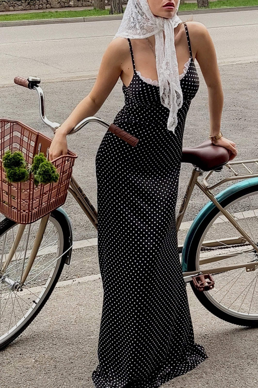 Polka Dot Lace Trim Cami Maxi Dress