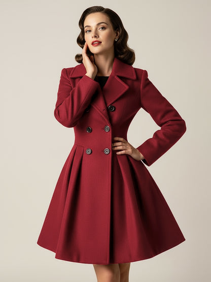 Retro Red 1950s Double-Breasted A-line Woolen Coat For Women 2026