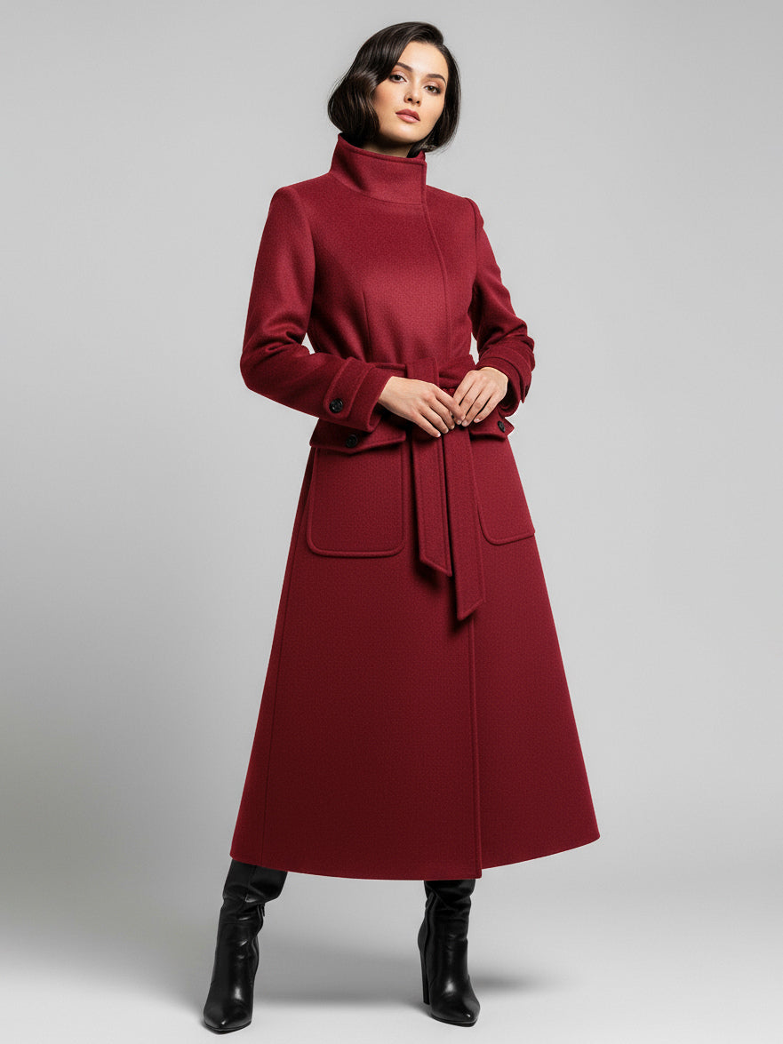 Belted Woolen Stand-Collar Long Winter Coat With Functional Pockets For Women 2026