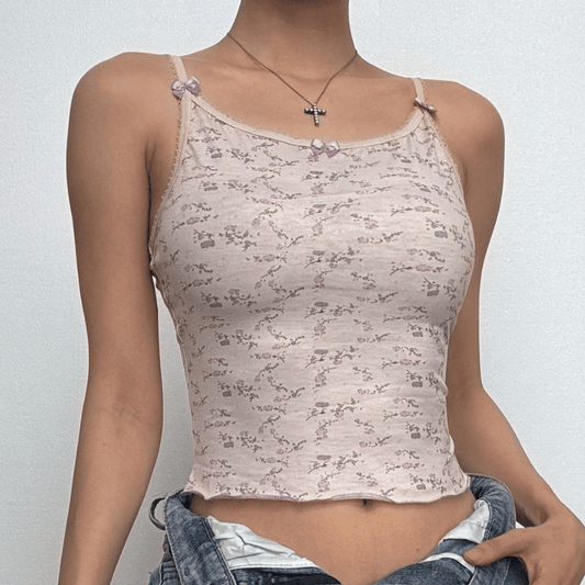 Bowknot flower print ruffle cami top